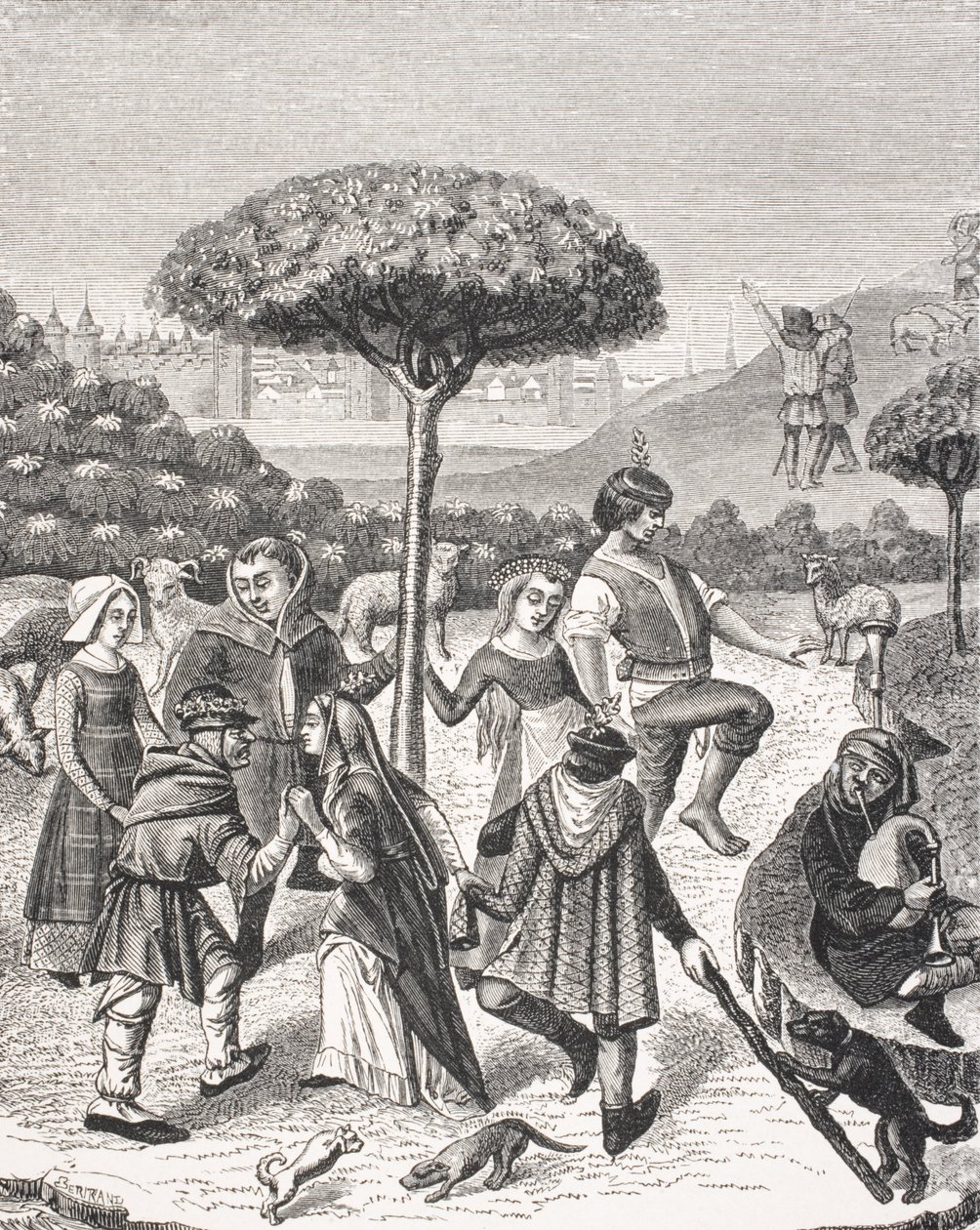 Bailes campesinos de las fiestas de mayo, después de una miniatura en un libro de oraciones del siglo XV, de 