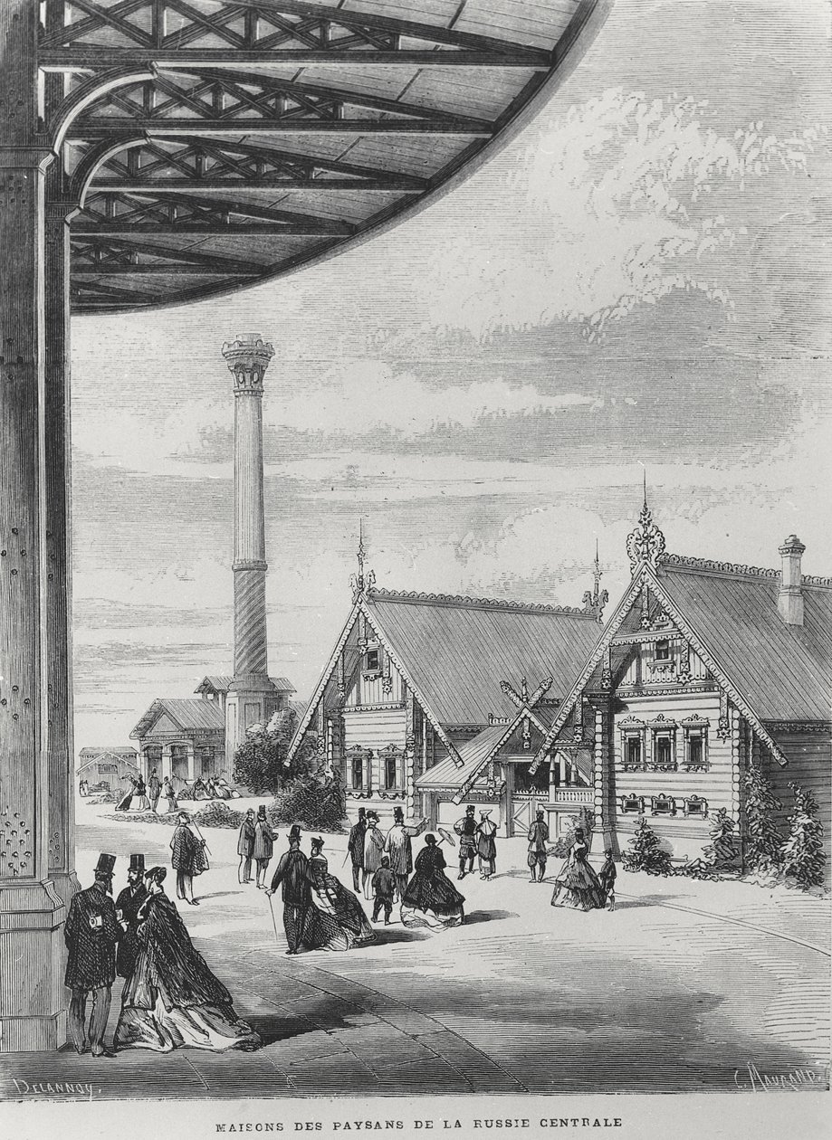 Casas de campesinos en el pabellón ruso en la Exposición Universal de 1867 de French School