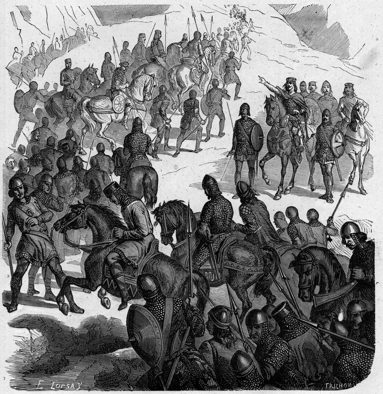 Pipino el Breve cruzando los Alpes al frente de los francos para rescatar al papa contra los lombardos. de French School