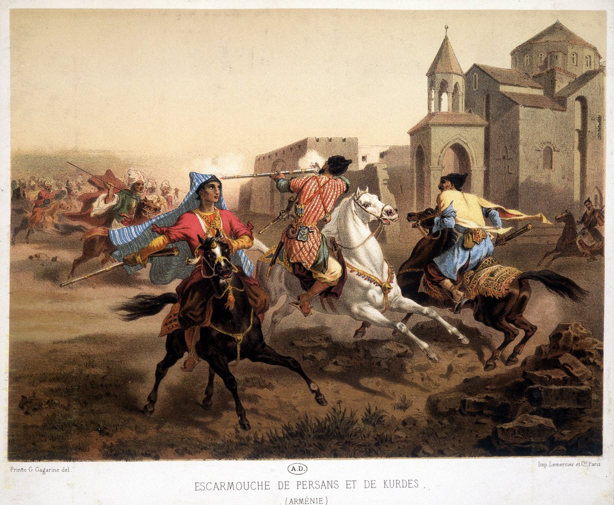 Escaramuza persa y kurda en Armenia - litografía de French School