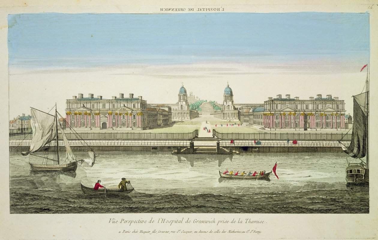 Vista en perspectiva del Hospital de Greenwich en el Támesis, grabado por Huquier de French School