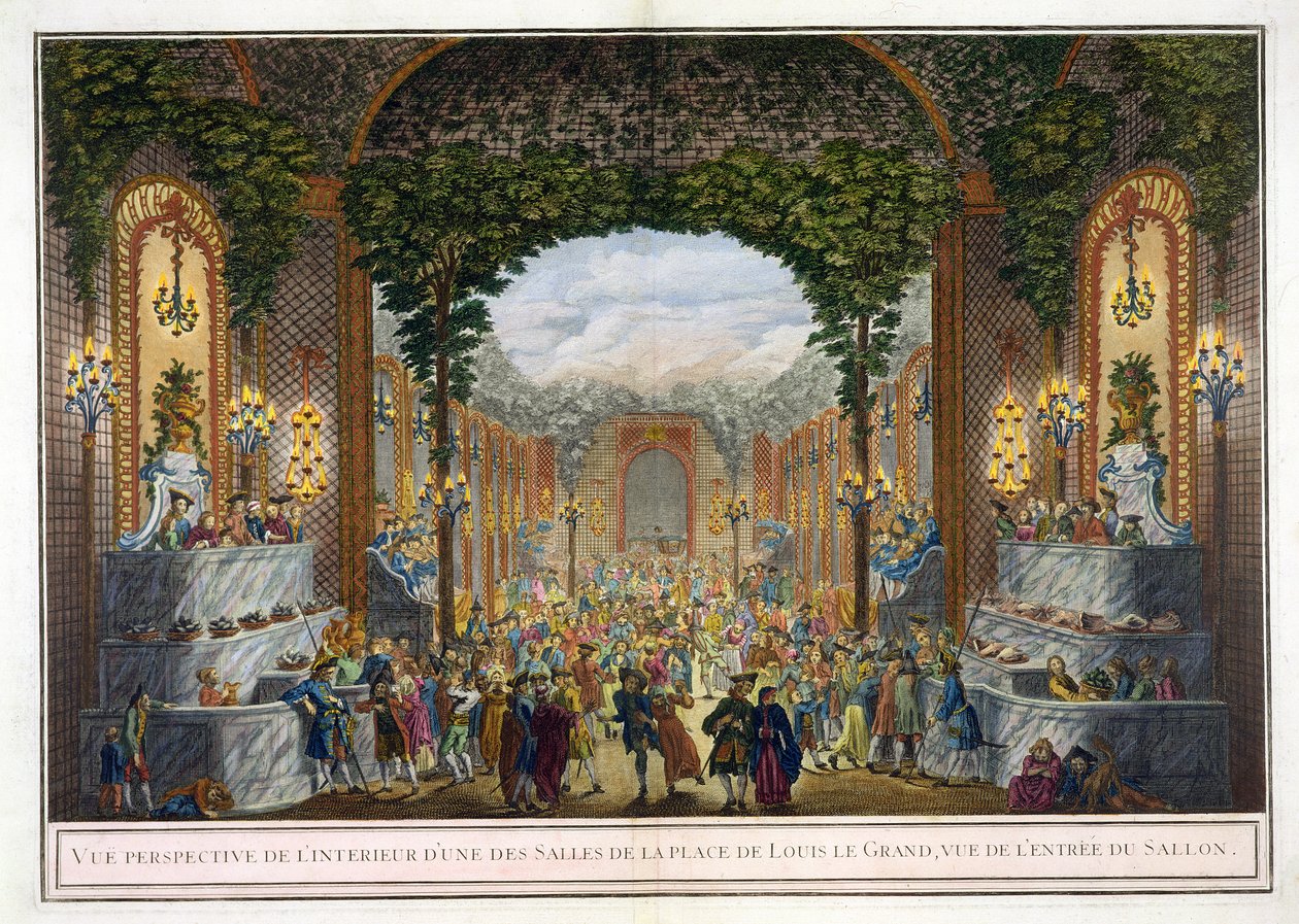 Vista en perspectiva del interior de una de las salas de la Place de Louis le Grand, vista de la entrada al Salón de French School