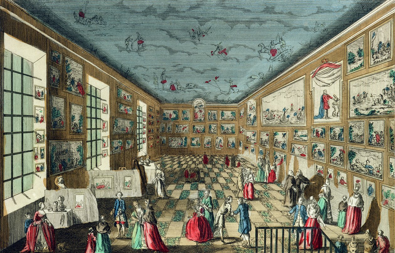 Vista en perspectiva del Salón de la Real Academia de Pintura y Escultura en el Louvre, París de French School