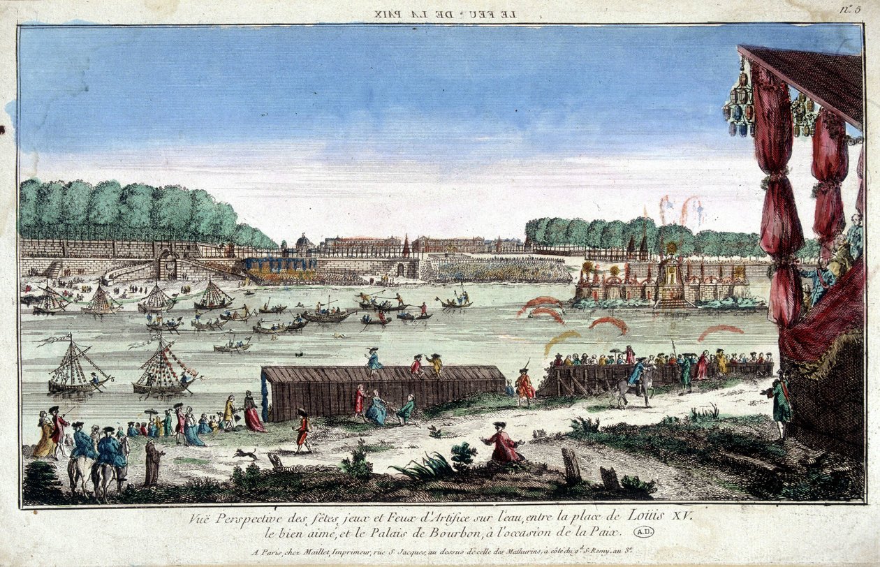 Vista en perspectiva de fiestas, juegos y fuegos artificiales en el agua, entre Place Louis XV y Palais Bourbon, con motivo de la Paz de French School
