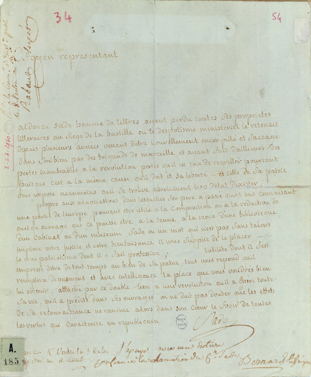 Petición de Aldonze Sade para empleo, 1794-95 (pluma y tinta sobre papel) de French School