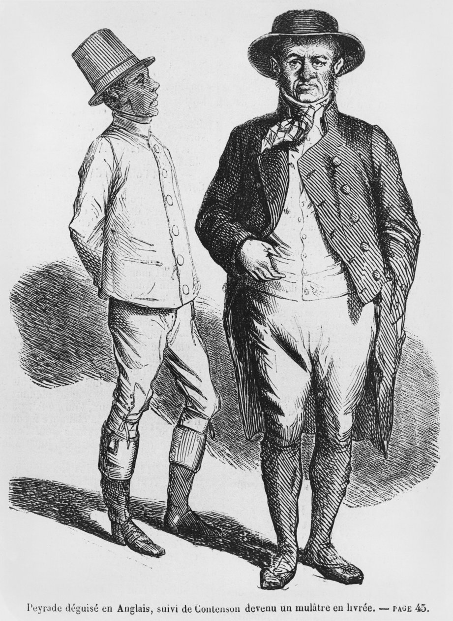 Peyrade disfrazado de inglés y Contenson como sirviente mulato, ilustración de Esplendores y Miserias de las Cortesanas por Honoré de Balzac, publicado en 1867 de French School