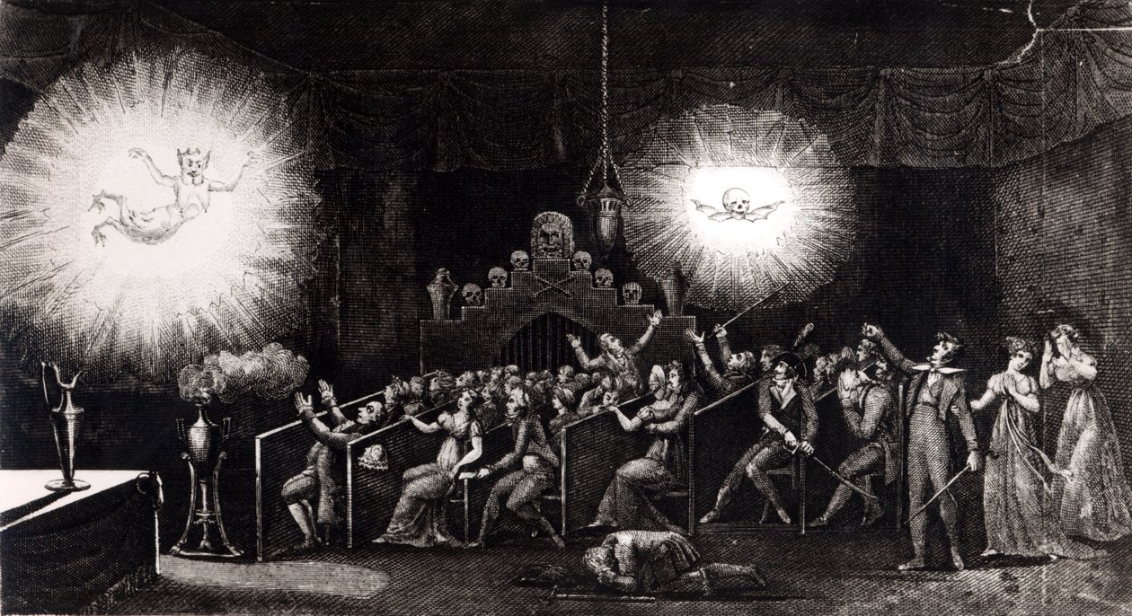 Fantasmagoría, de Memoires Recreatifs Scientifiques et Anecdotiques por Etienne Gaspard Robertson (1763-1837), París, 1831 de French School