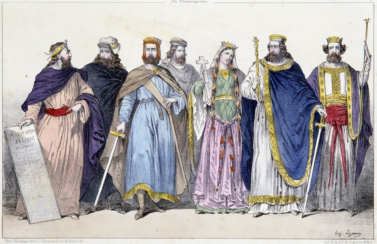 Faramundo, Clodión, Meroveo, Childerico, Clotilde, Clodoveo I y Childeberto I - en “La monarquía francesa en estampas” de French School