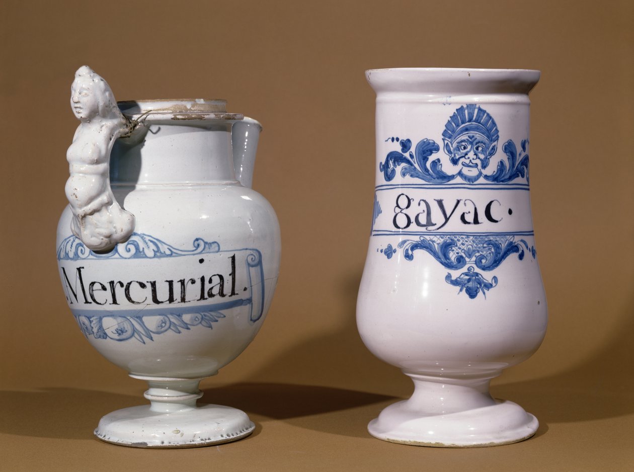 Tarros farmacéuticos para Mercurial y Gayac, dos medicinas usadas para tratar la sífilis, finales del siglo XVII o principios del siglo XVIII de French School