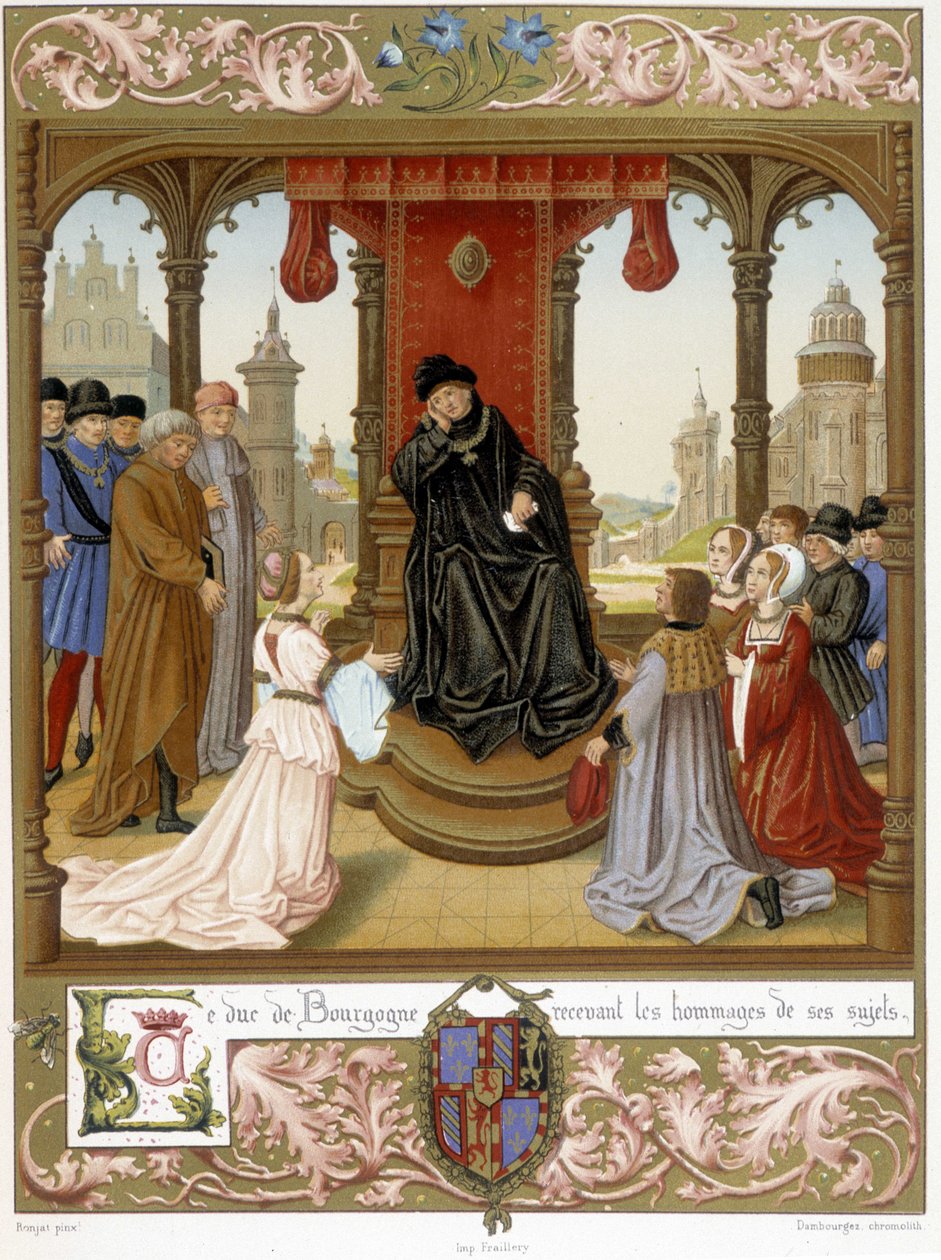 Felipe III el Bueno recibiendo el tributo de sus súbditos, "Los Cronistas de la historia de Francia desde los orígenes hasta el siglo XVI" por Mme de Witt, París de French School