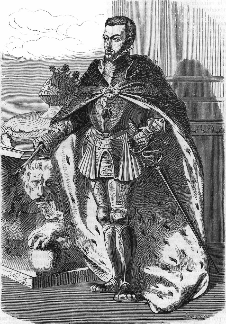 Felipe II (1527-1598), Rey de España. En “Histoire Populaire de la France”, c. 1885. Grabado de French School
