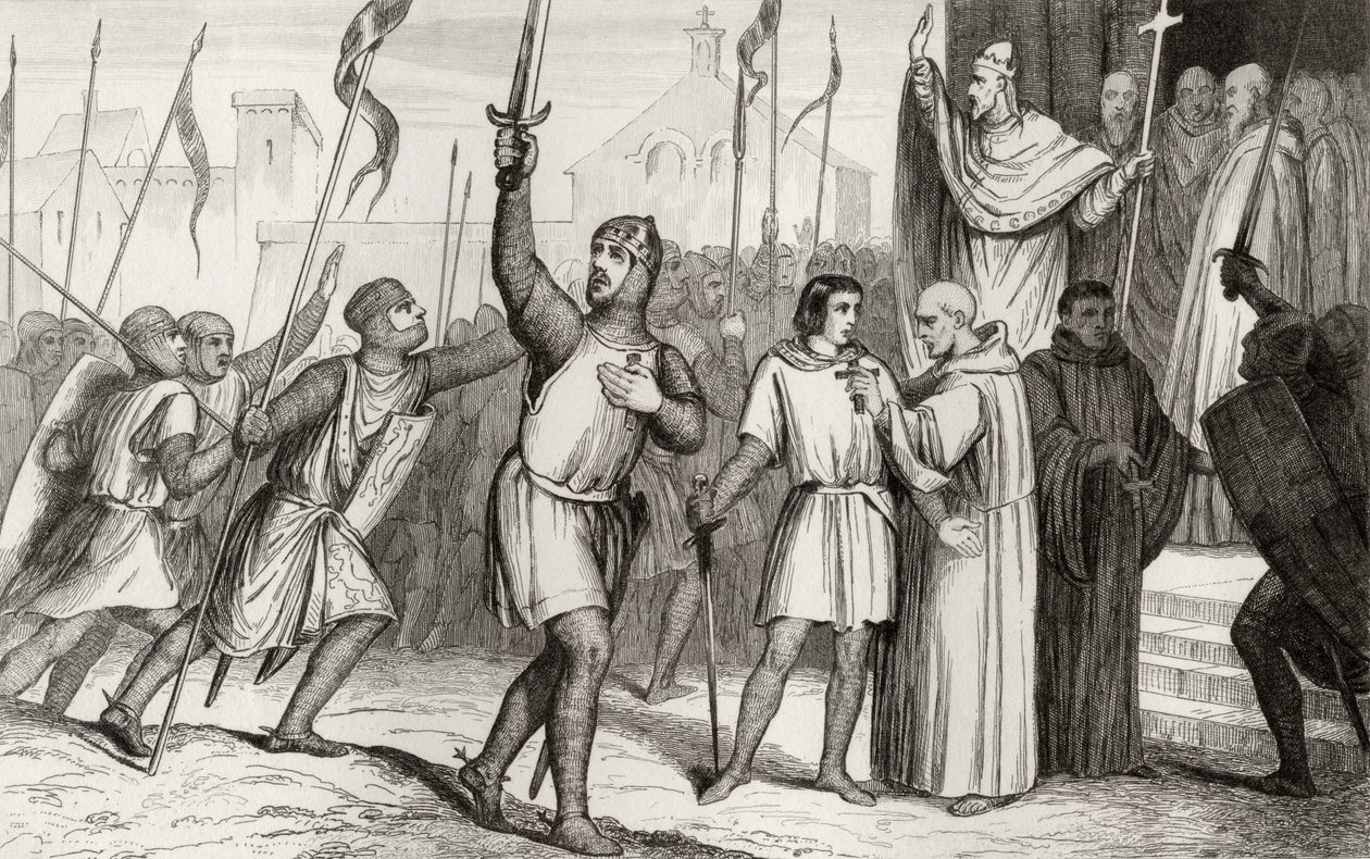 Felipe I (1052-1108) y el Papa Urbano II (c.1035-99) reúnen seguidores para la Primera Cruzada en 1095, de 