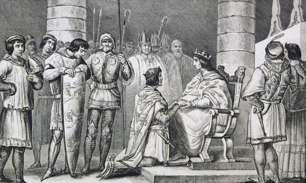 Felipe VI (1293-1350) de Valois rinde homenaje a Eduardo III (1312-77) de Inglaterra pero solo como duque de Aquitania, de 