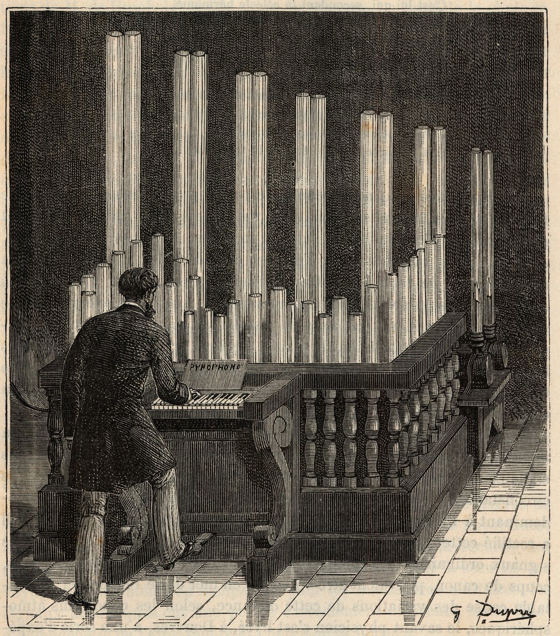 Piano a Gas - (Órgano de gas) Pirofono (órgano de fuego/explosión) (calíope de fuego/explosión) Grabado en “Ciencias al alcance de todos: física y química populares” por Alexis Clerc - Finales del siglo XIX - Colección privada de French School