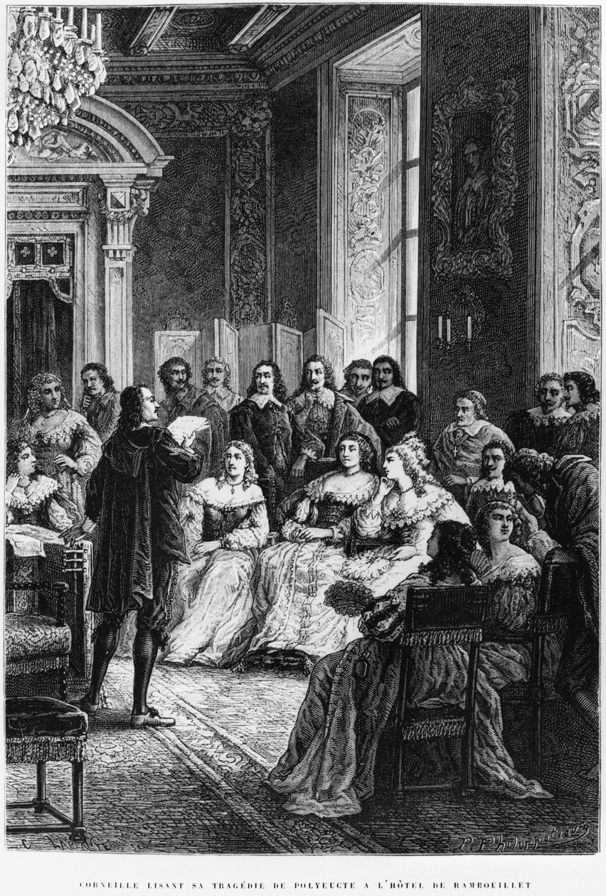 Pierre Corneille (1606-84) leyendo Polyeucte en el Hotel de Rambouillet, c.1880 de French School