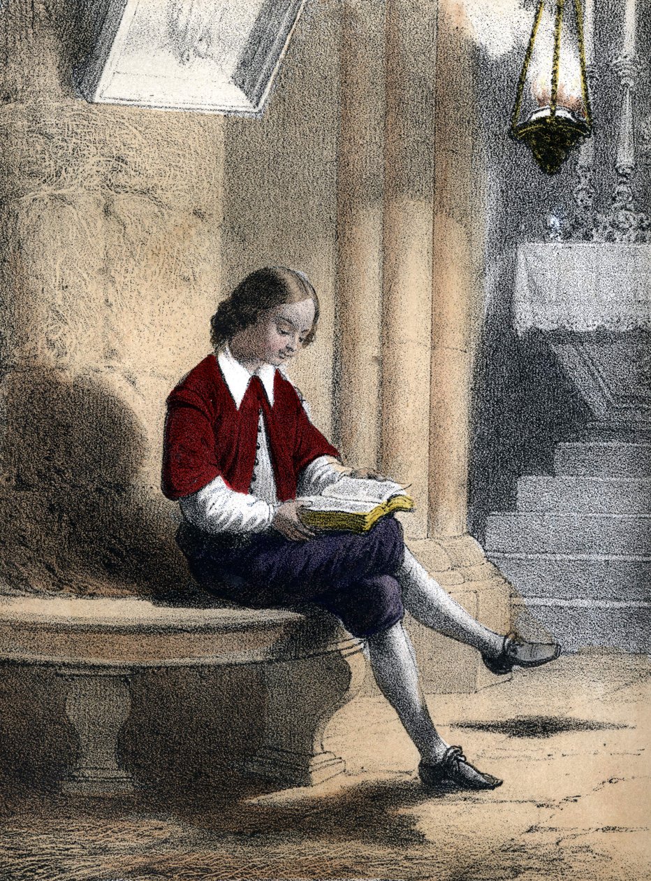 Pierre Gassendi (1592 - 1655): sentado bajo la lámpara suspendida del techo (de la iglesia), comenzó a leer - en "Les enfants illustres - cuentos históricos" de Madame Eugenie Foa de French School