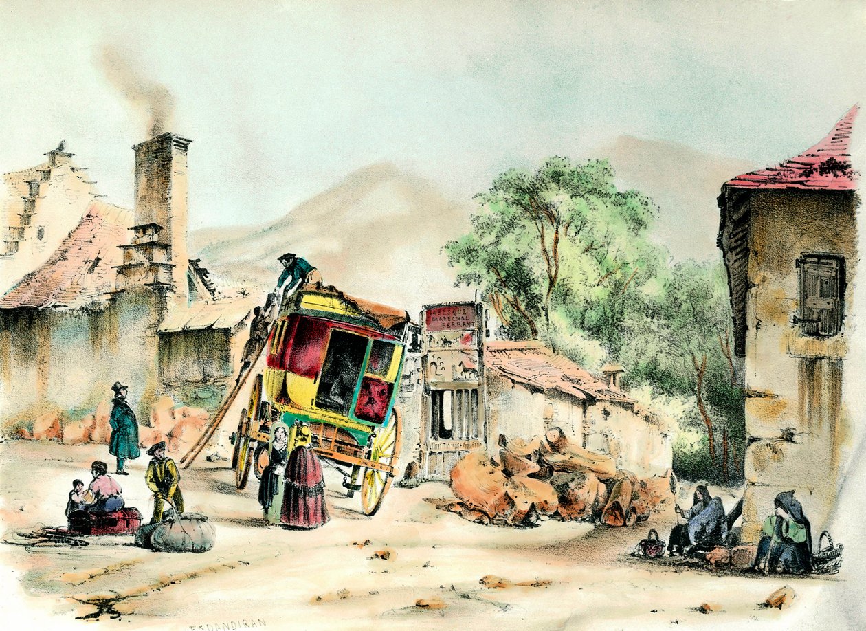 Diligencia de Pierrefite Llegada de la diligencia que une a Pierrefite con París. Grabado de 1836 Colección particular de French School