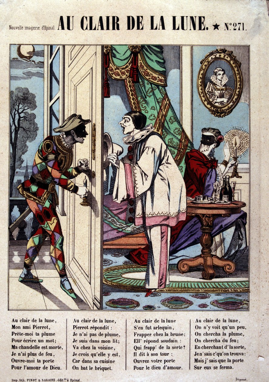 Pierrot, Arlequín y el vecino, ilustración de la canción “Au clair de la lune”, imagen de Epinal de French School