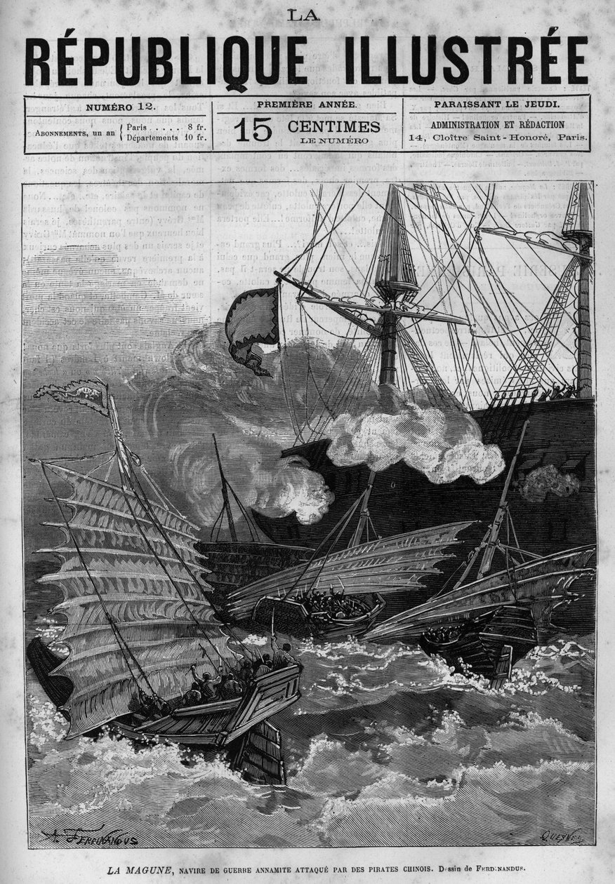 Piratería: el buque de guerra annamita "La Magune" atacado por piratas chinos. Un periódico. Grabado de 1880 en "La republique illustree". Colección privada. de French School