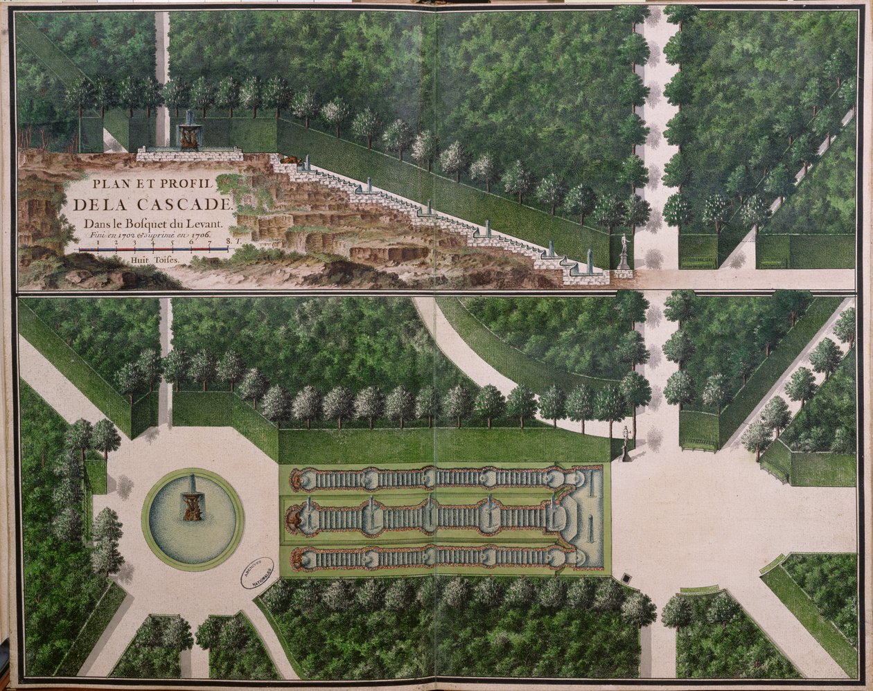 Plano y sección transversal de la cascada en el bosque del Levante, de Jardines en Marly, principios del siglo XVIII de French School