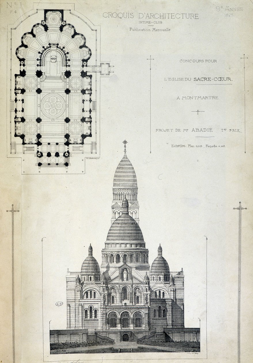 Plano y elevación del Sagrado Corazón, proyecto de Mr. Abadie, finales del siglo XIX de French School