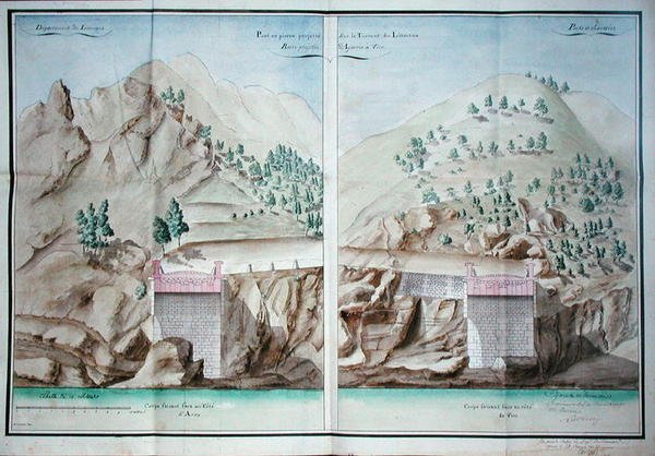 Plan para la construcción de un puente de piedra sobre el río Liamone en Córcega de French School