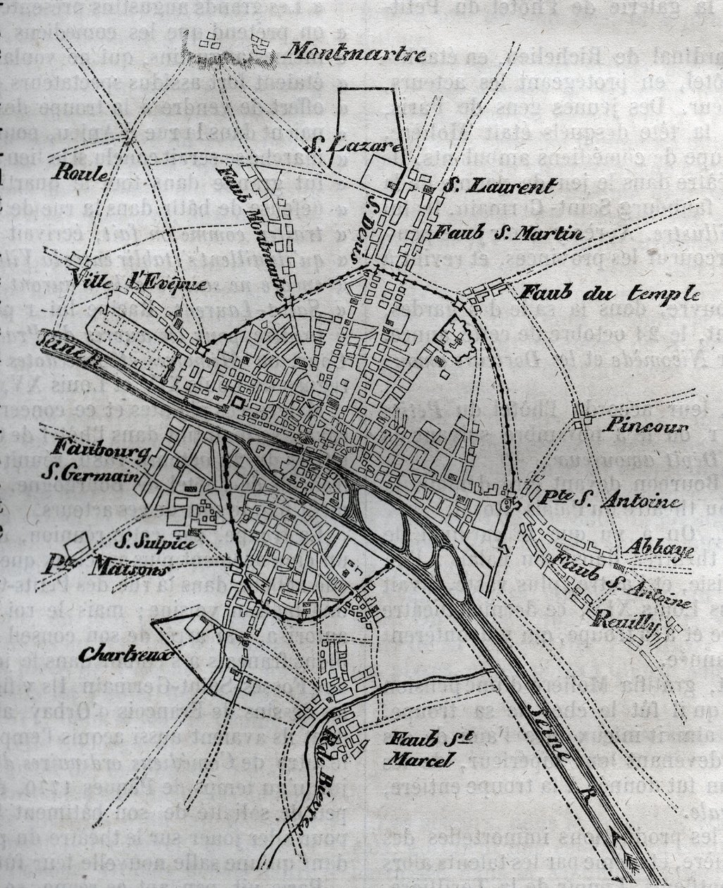 Plano de París bajo Enrique III (1580) - grabado en “Historia física, civil y moral de París: desde los primeros tiempos históricos hasta el presente” de Jacques Antoine Dulaure de French School