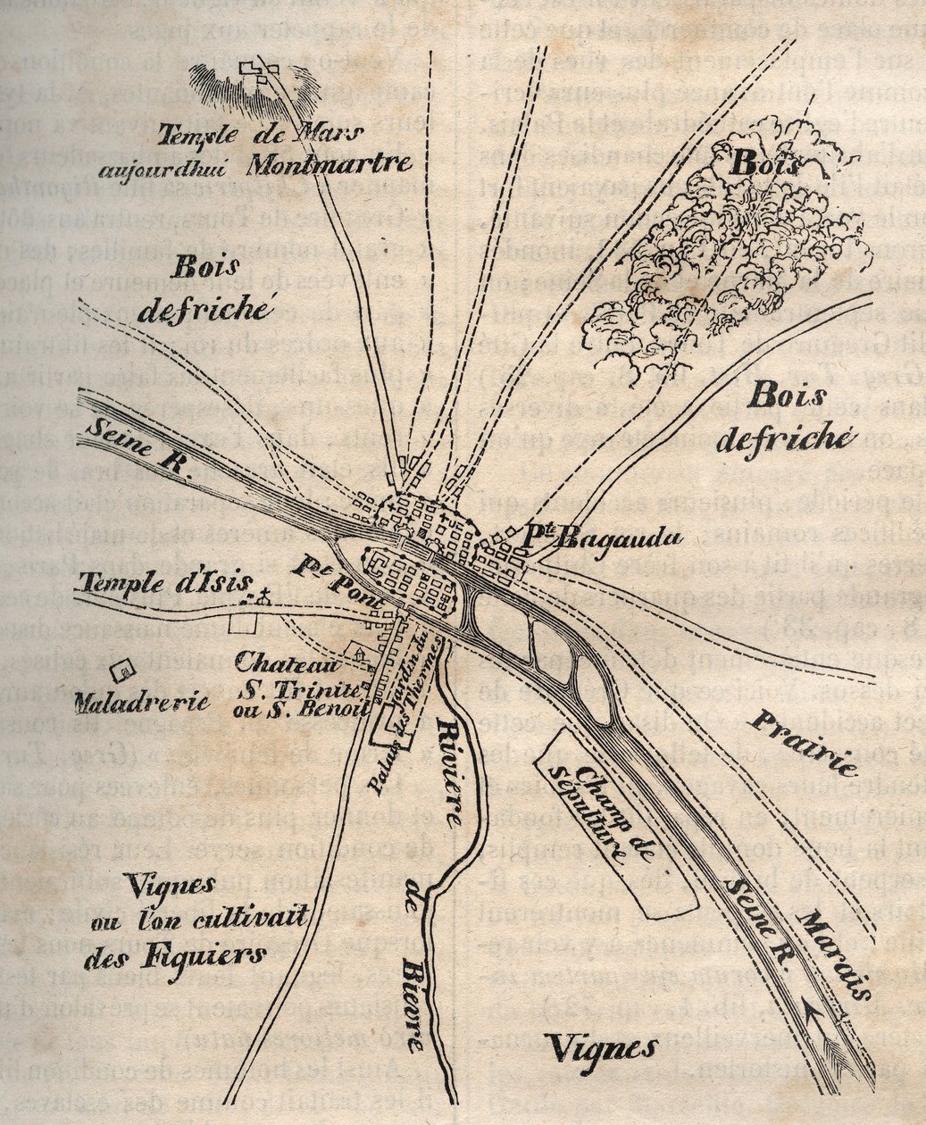 Plano de París bajo los Merovingios - grabado en “Historia física, civil y moral de París: desde los primeros tiempos históricos hasta el presente” de Jacques Antoine Dulaure de French School