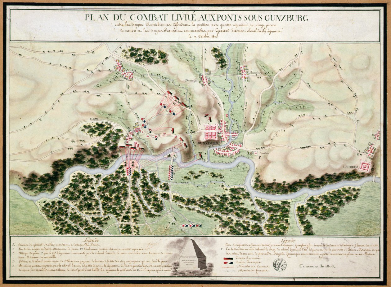 Plan de eventos en la Batalla de Gunzburg entre tropas austriacas y francesas en 1805, 1808 de French School