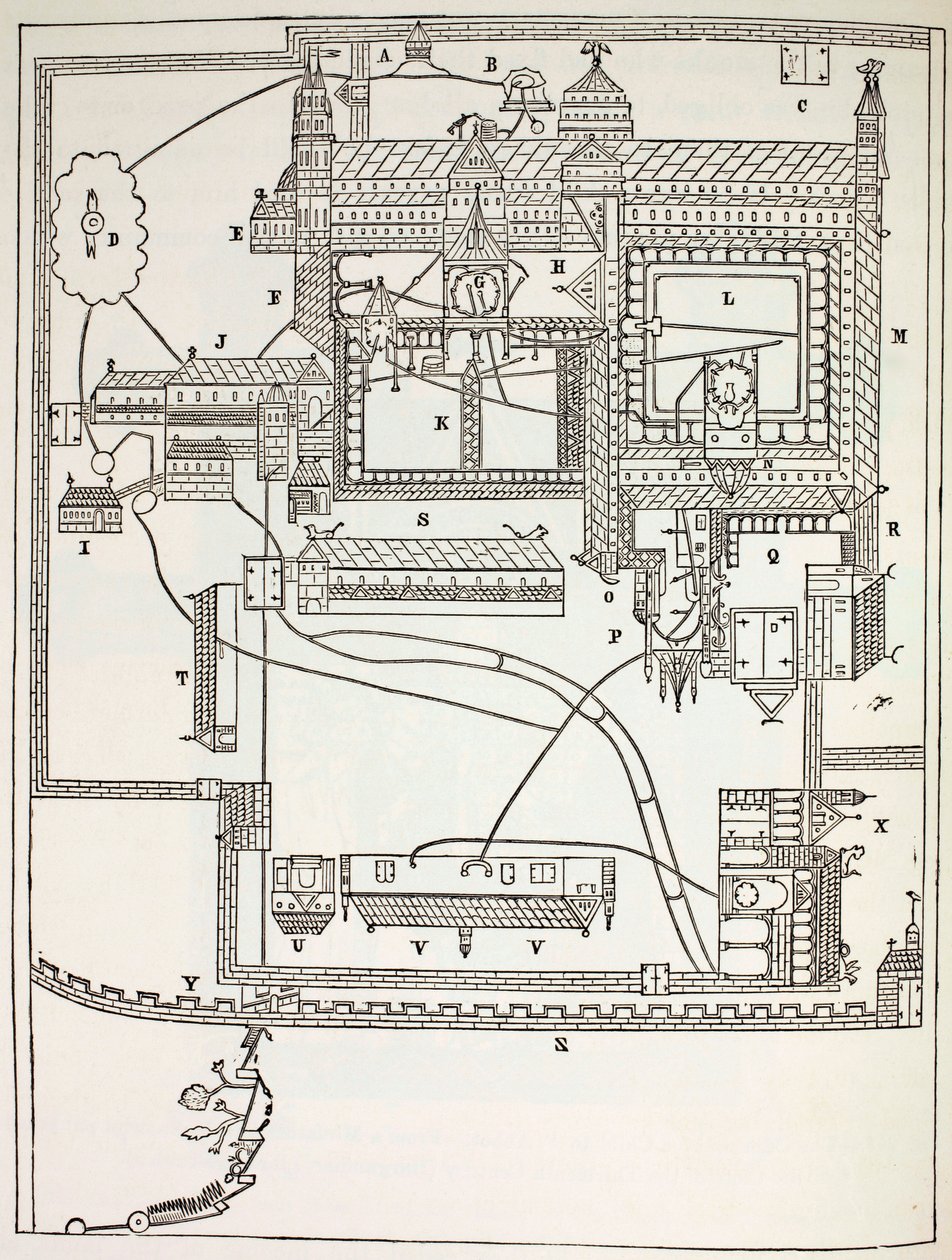 Plano del Monasterio Benedictino en Canterbury en el siglo XII, de Vida Militar y Religiosa en la Edad Media por Paul Lacroix, publicado en Londres c.1880 de French School