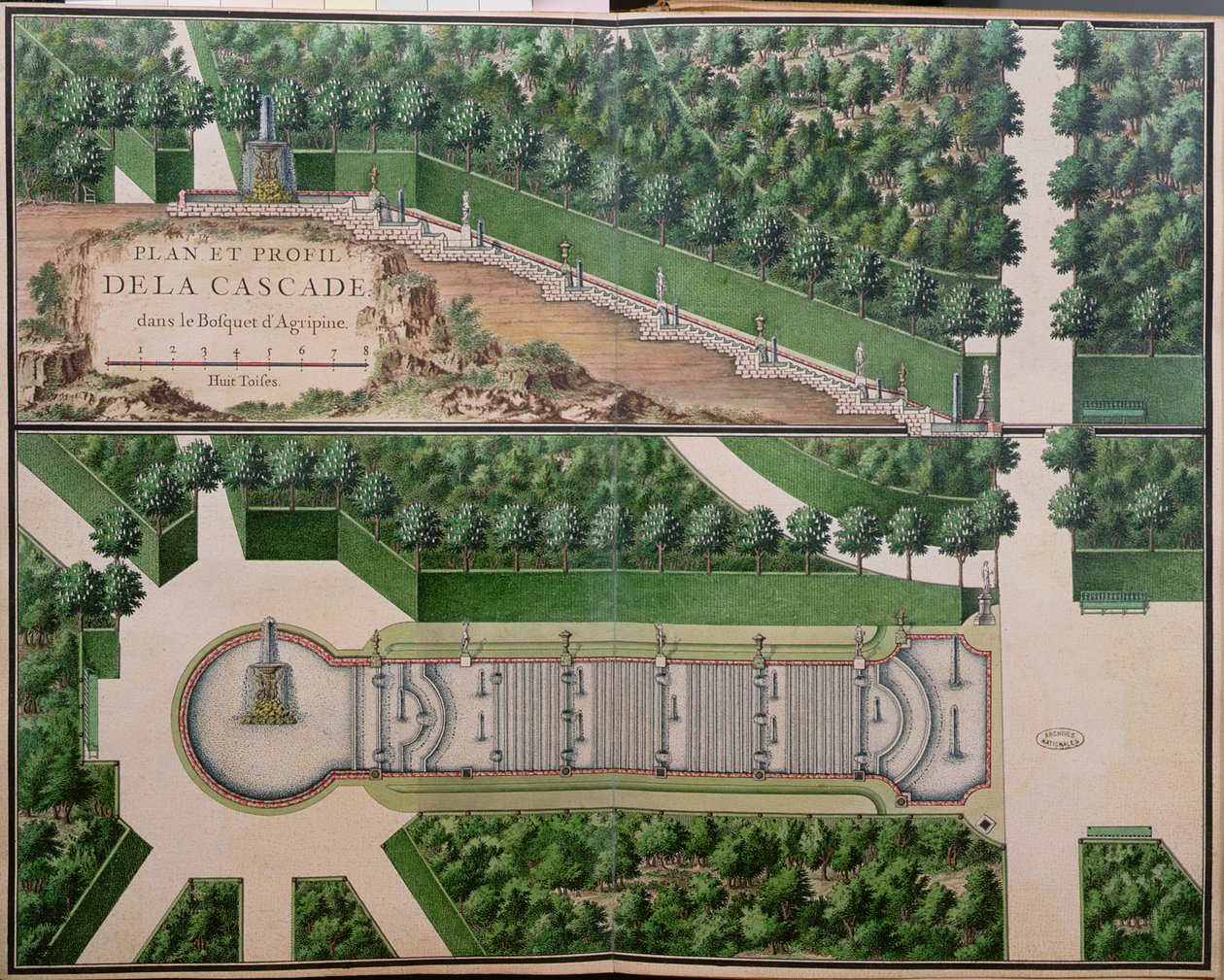 Plano de la cascada en el bosque de Agripina, de Jardines en Marly, principios del siglo XVIII de French School