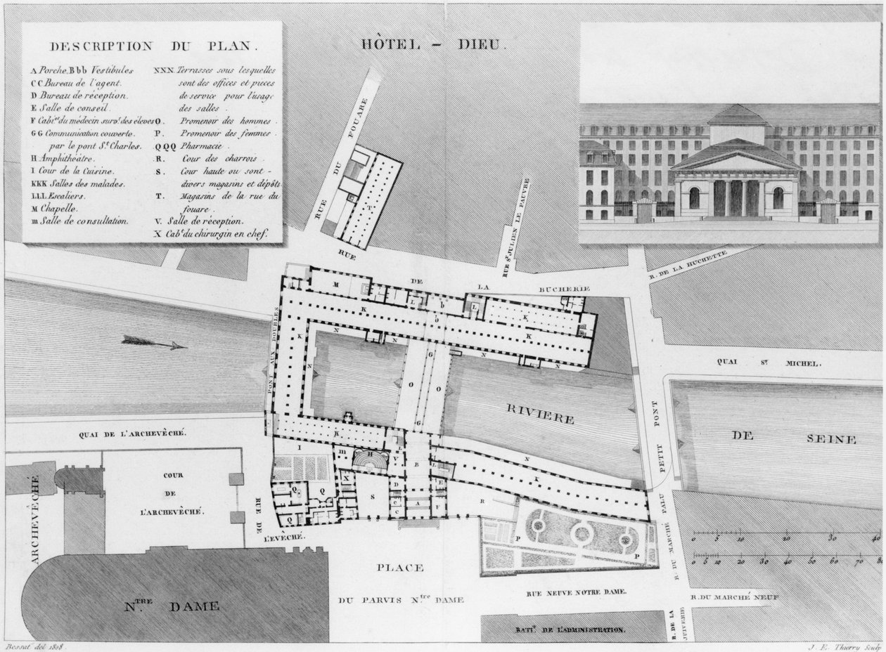 Plano del Hotel-Dieu, París, ilustración de Description des Hopitaux de Paris, grabado por Jacques Etienne Thierry (1750-1832) después de Bessat, 1808 de French School