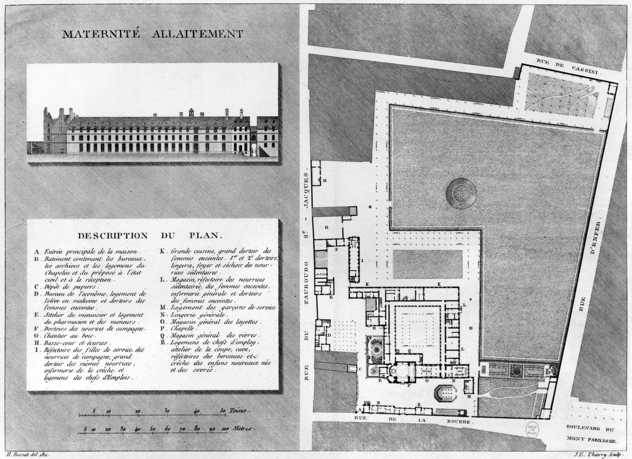 Plano de la Maternité Port-Royal, grabado por Jacques Etienne Thierry (1750-1832) después de H. Bessat, 1811 de French School