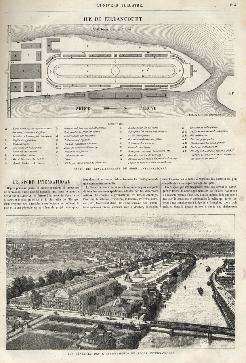 Plano del establecimiento del Deporte Internacional, que debe construirse en la isla de Billancourt en 1869 - vista general de los establecimientos de deporte internacional en la isla de Billancourt en 1869 de French School