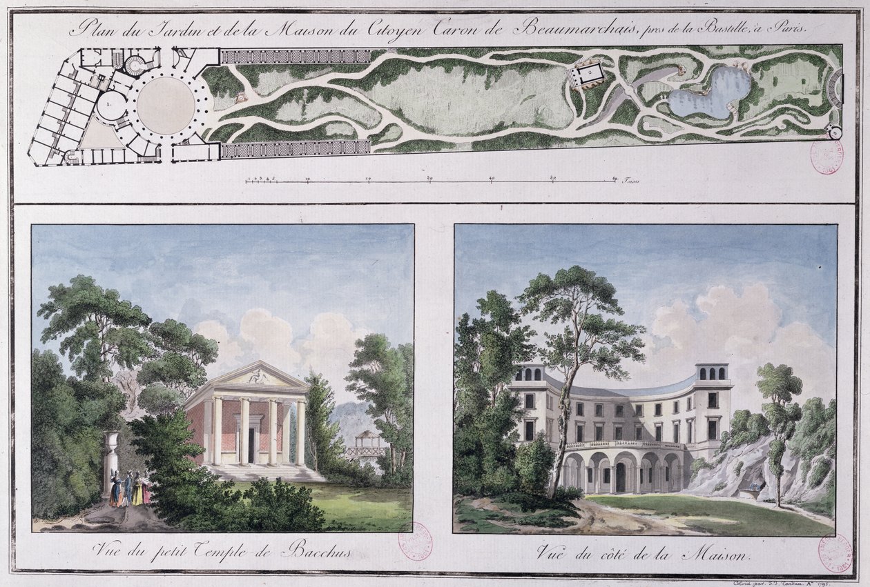 Plano del jardín y la casa construida para Pierre Augustin Caron de Beaumarchais por Lemoine de French School