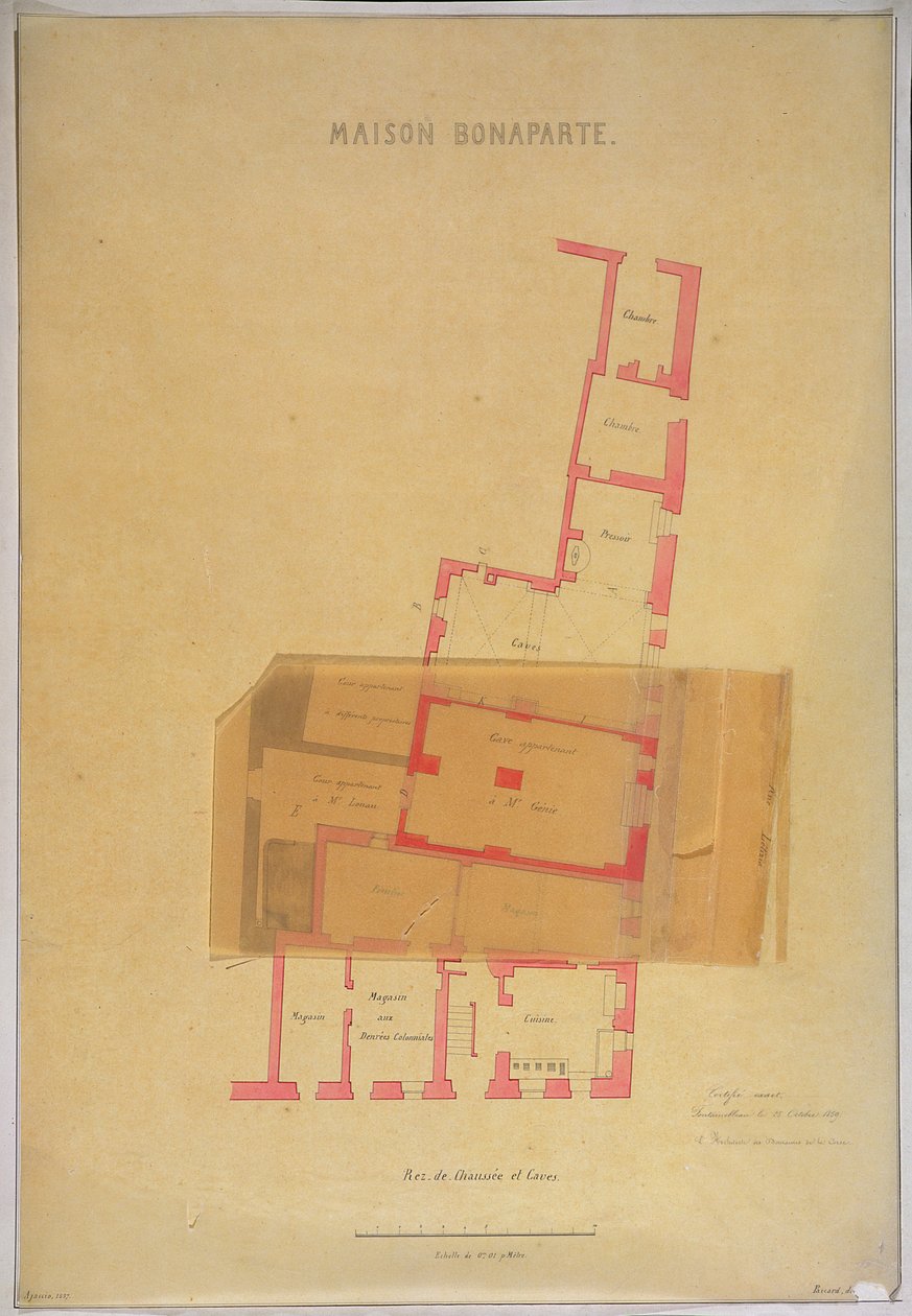 Plano de la planta baja y sótanos de la casa en Ajaccio, Córcega donde nació Napoleón Bonaparte (1769-1821), 1837 de French School