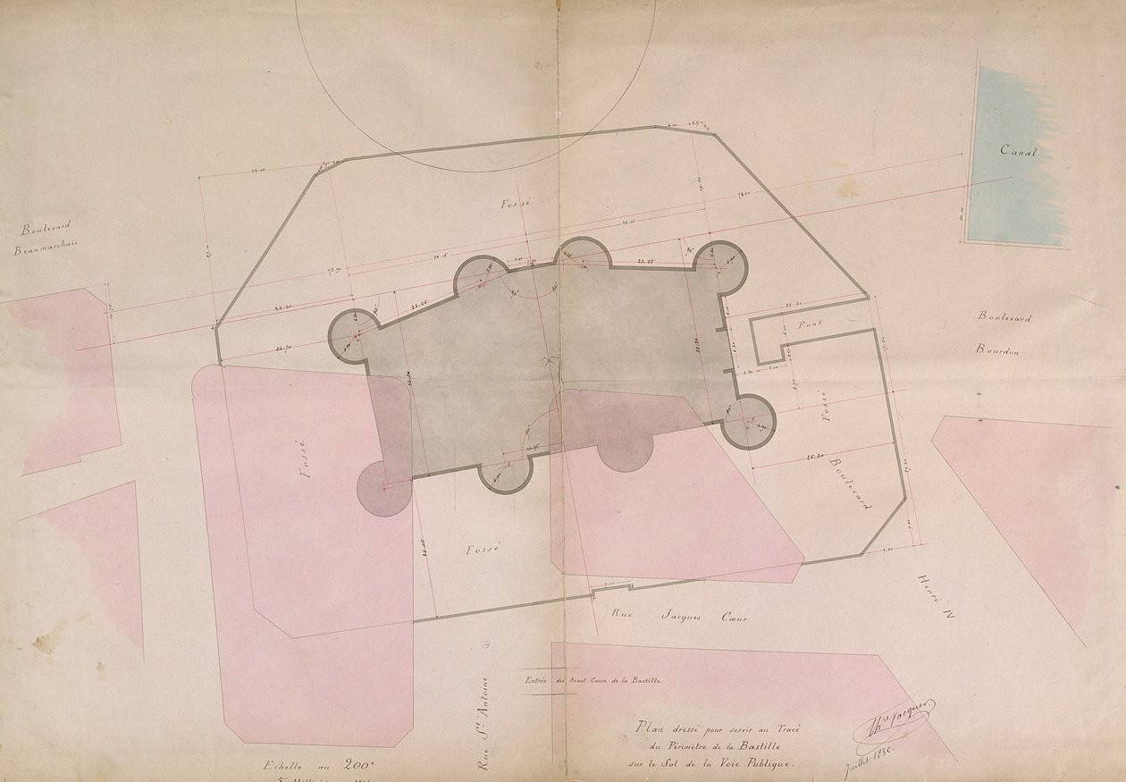 Plano que muestra las líneas perimetrales de la Bastilla, 1830 de French School