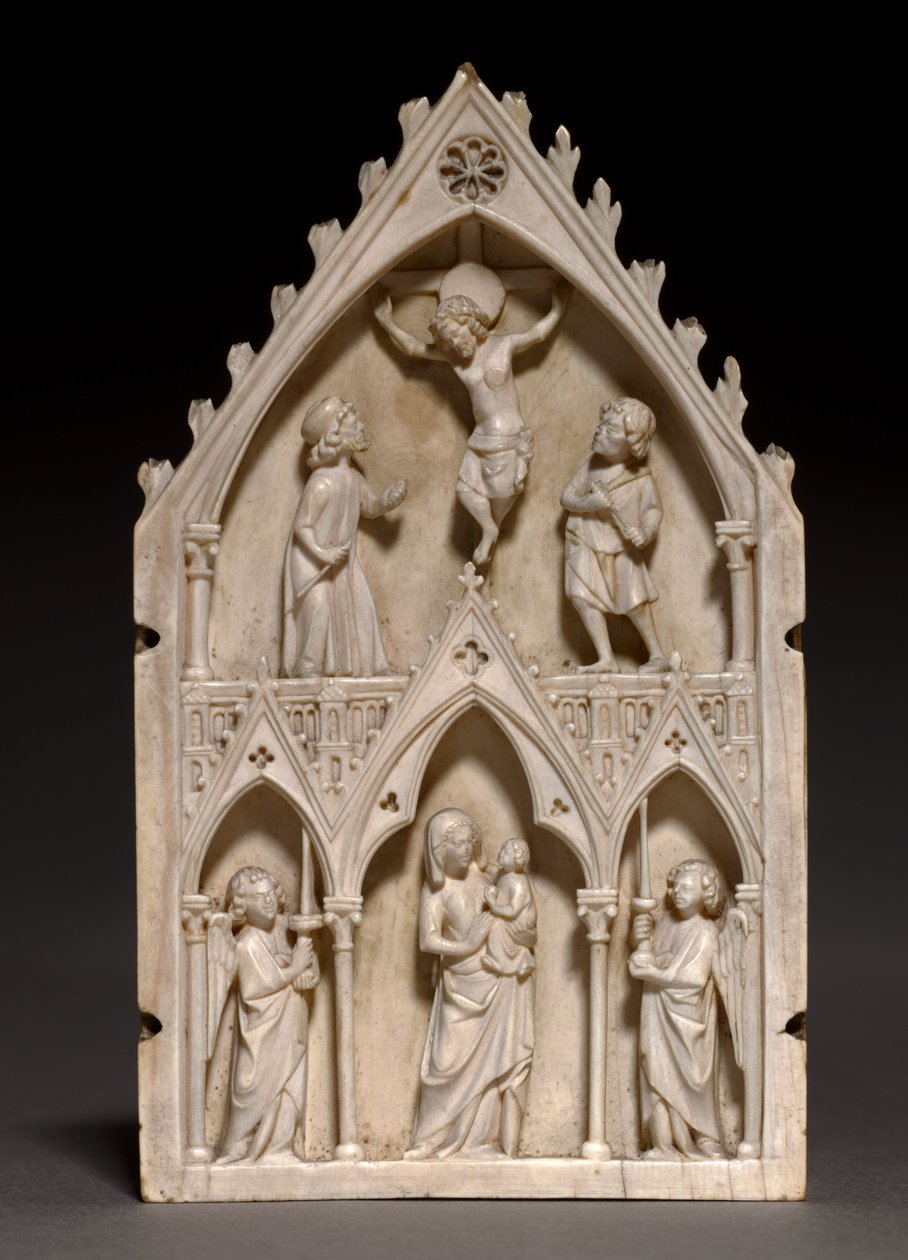 Placa: La Crucifixión y la Virgen y el Niño con ángeles, c.1250-1270 de French School