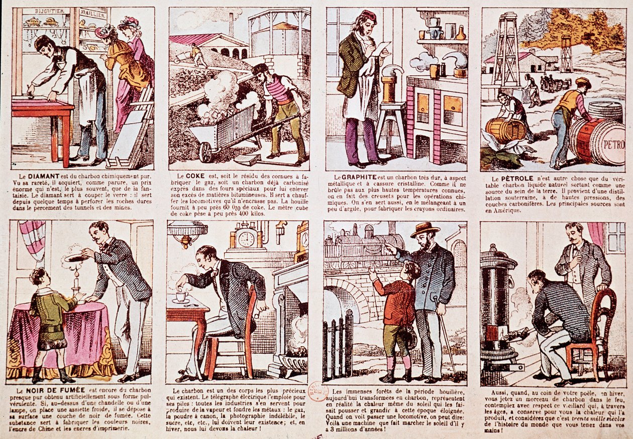 Placa que describe la historia de la producción de carbón y diferentes derivados como diamante, coque (combustible), grafito y petróleo de French School