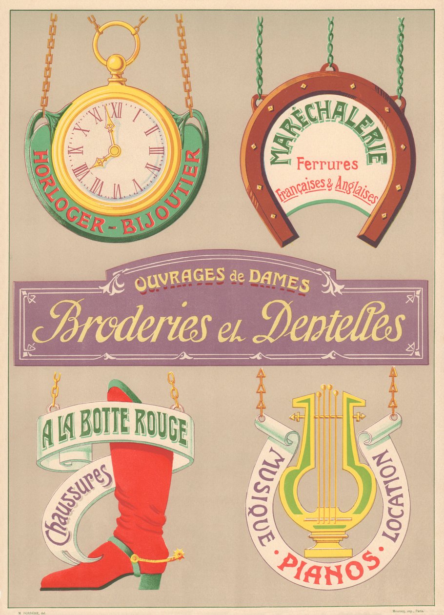 Placa n° 15: Modelos de señalización para pintor de letras Art Nouveau (Relojero-Joyero, Herrería, Bordado y Encaje, Zapatos, Pianos de música) de French School