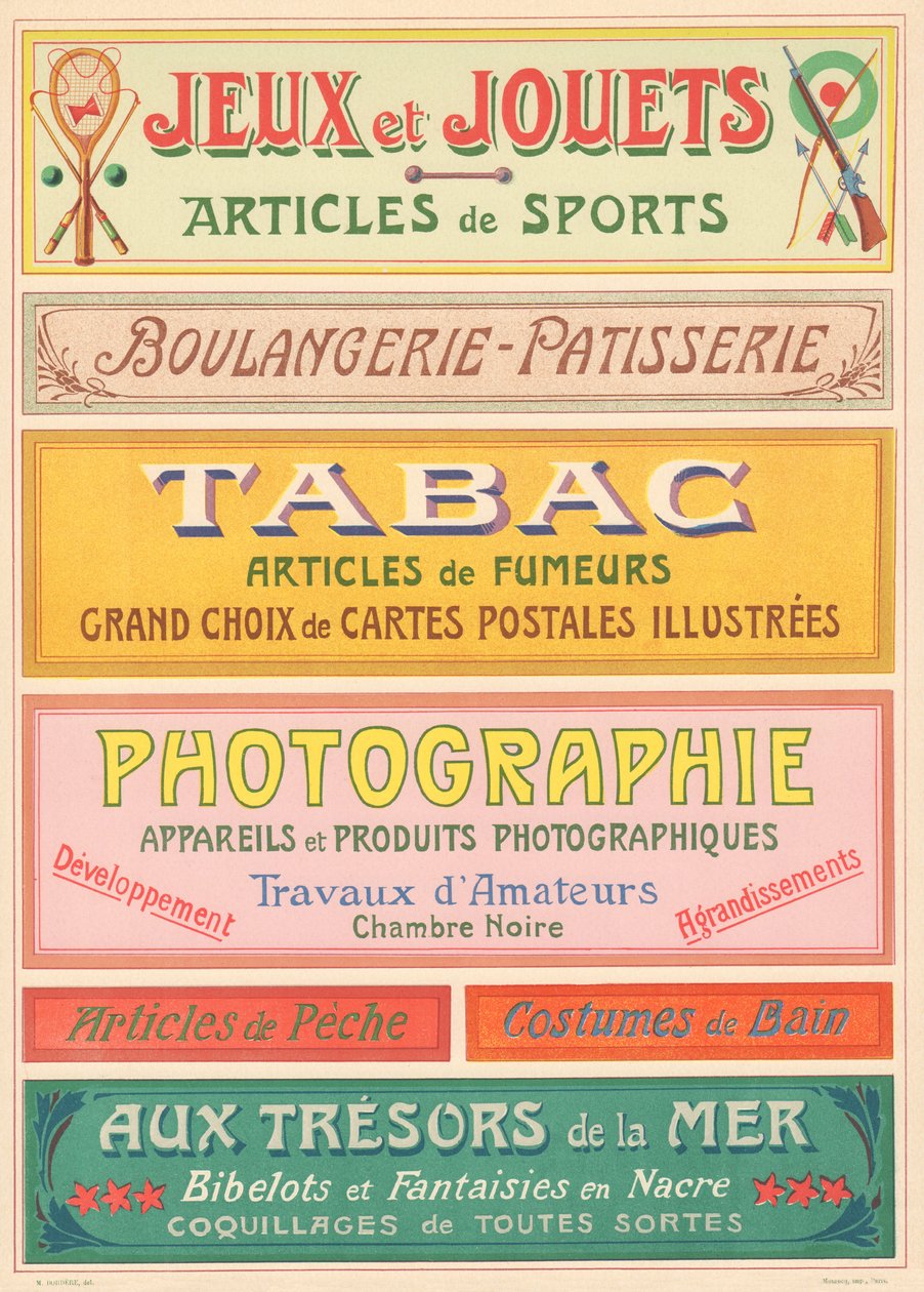 Placa n° 20: Modelos de señalización para pintor de letras Art Nouveau (Juegos y juguetes, Panadería-Pastelería, Tabaco, Fotografía) de French School