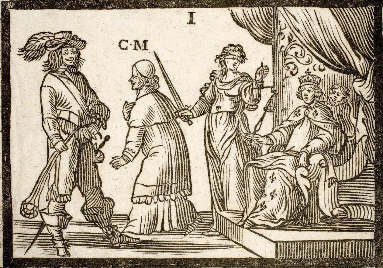 Panfletos políticos Mazarinade: Mazarino desterrado por la Justicia y la Fronda, deja al Rey (Luis XIII). Grabado en madera 1651. de French School