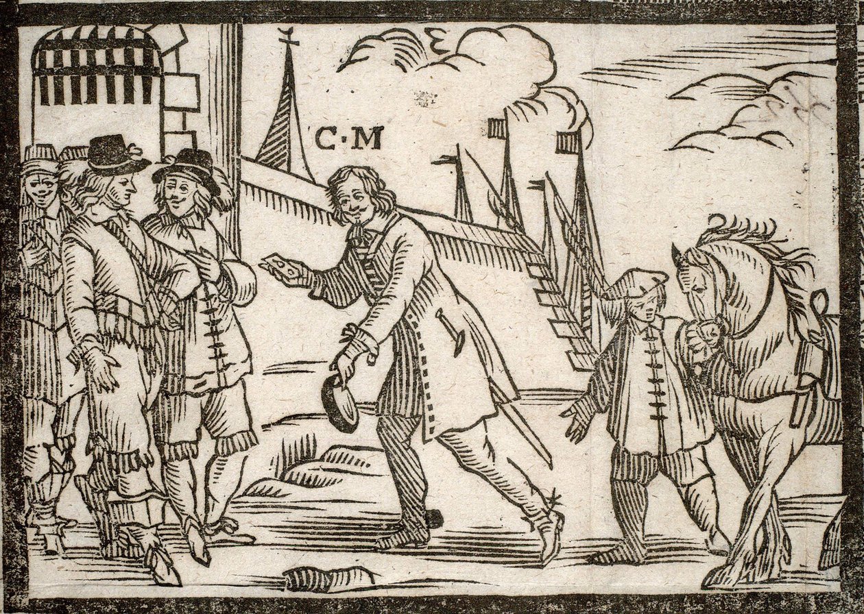 Folletos políticos Mazarinade: Mazarin libera a los príncipes en Le Havre, grabado en madera de French School