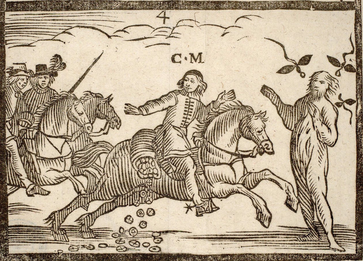 Folletos políticos Mazarinade: Mazarin en su huida deja caer escudos: la sombra de Concini, Mariscal de Ancre, se presenta ante él. Grabado en madera 1651 de French School