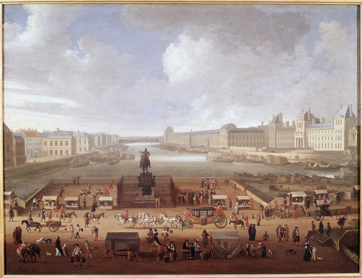 Pont-Neuf, París, visto desde la entrada a Place Dauphine mostrando el Colegio de las 4 Naciones, Quai Malaquais y el Louvre de French School