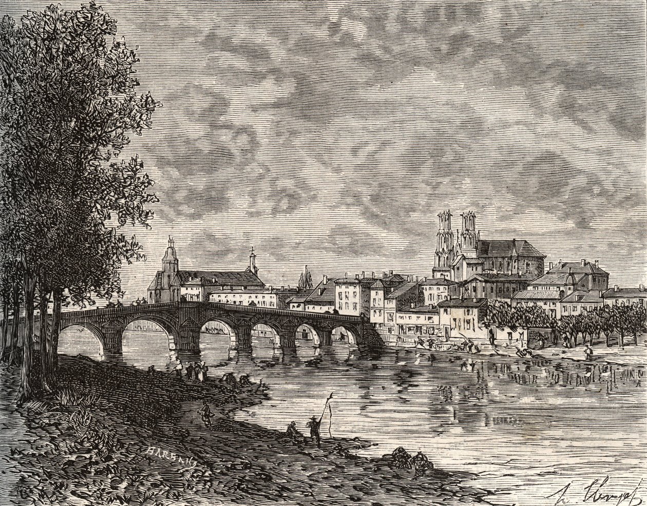 Pont-a-Mousson - Meurthe-et-Moselle - grabado en “La France illustree: geographie, histoire, administración statistique” por V.-A. Malt-Brown. 1884 de French School
