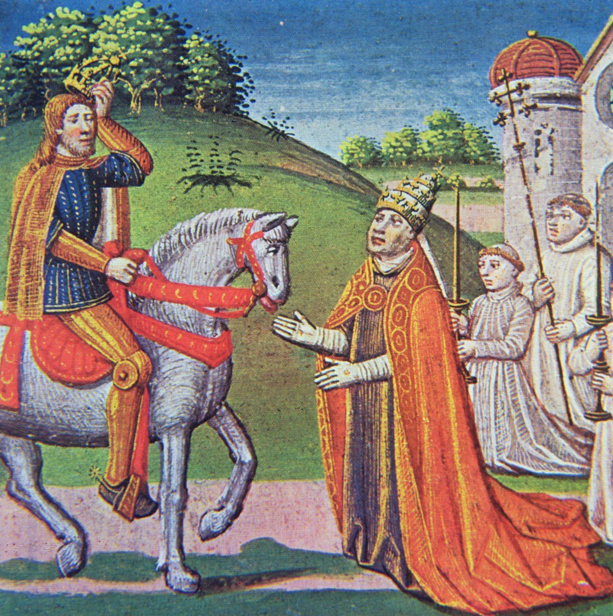 El Papa Adriano I se encuentra con Carlomagno, miniatura de las "Crónicas de Francia", impresa por A.Verard, París de French School