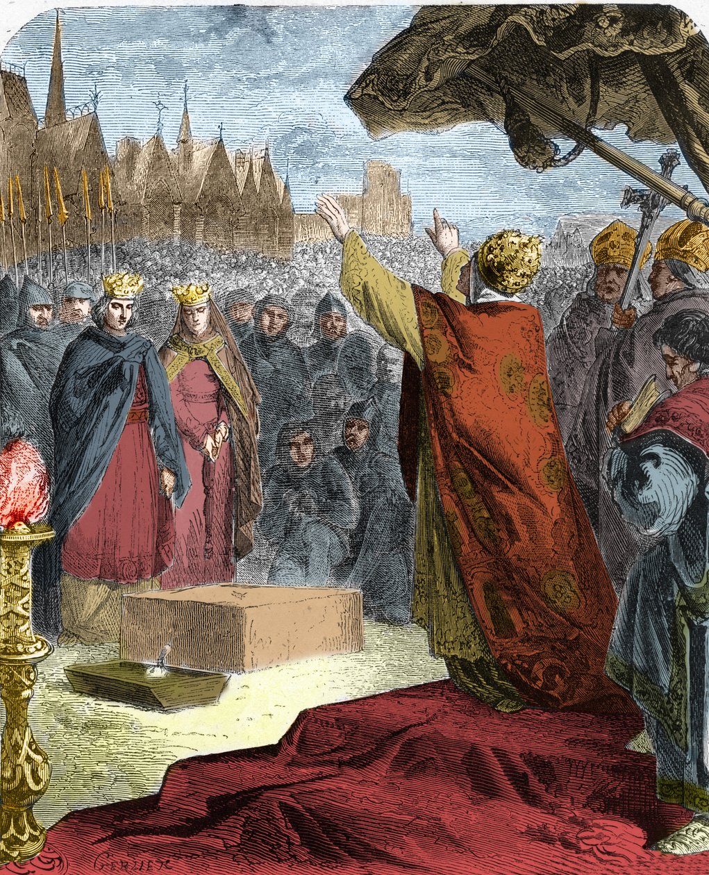 El Papa Alejandro III colocó, en 1163, la primera piedra de la catedral de Notre Dame de París en presencia del Rey Luis VII de Francia y el obispo Maurice de Sully de French School