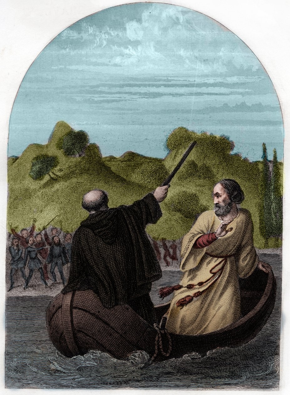 El Papa Eugenio IV (Eugenio, Eugenio) (1431-1447) escapa en un bote para huir de la ira de los romanos - PAPA EUGENIO IV (Gabriele Condulmaro) opuesto por la poderosa familia Colonna, tiene que huir de Roma, mientras sus enemigos eligen un antipapa - Graba de French School