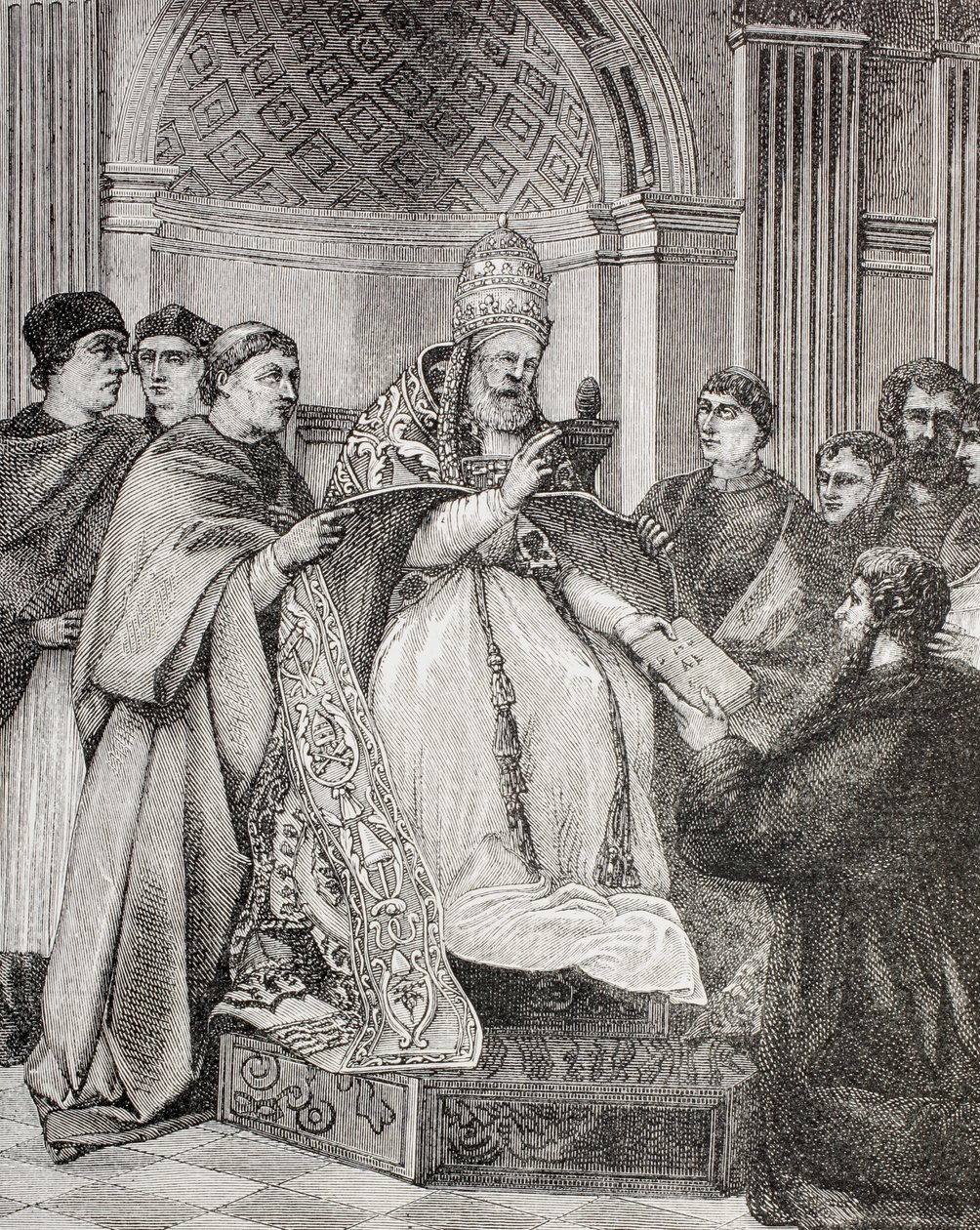El Papa Gregorio IX entregando las Decretales a un abogado del Consistorio, de 